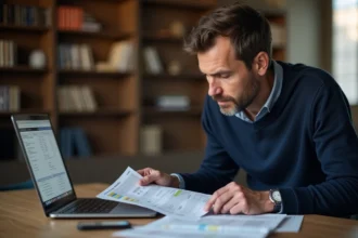 Homme comparant deux rapports d'historique de véhicule carVertical et HistoVec côte à côte sur un bureau