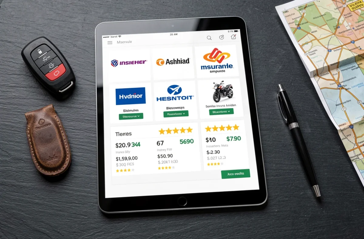 Tablette affichant un comparateur de devis assurance moto avec clé de moto et stylo sur bureau