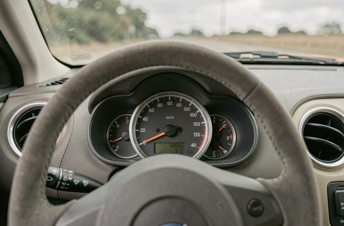 Tableau de bord et compteur de vitesse d'une voiture sans permis indiquant 45 km/h