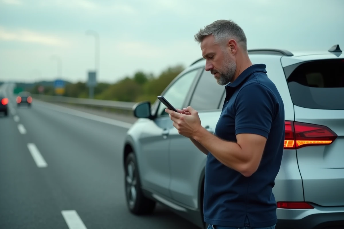 Conducteur arrêté sur la bande d'arrêt d'urgence de l'autoroute consultant son téléphone après l'apparition d'un voyant sur son Renault Captur
