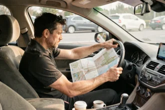 Conducteur frustré consultant une carte routière papier dans sa voiture coincé dans les embouteillages sur autoroute