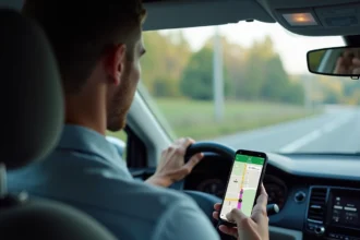 Conducteur consultant Google Maps avec icônes de radars affichées sur smartphone monté dans une voiture lors d'un trajet domicile-travail