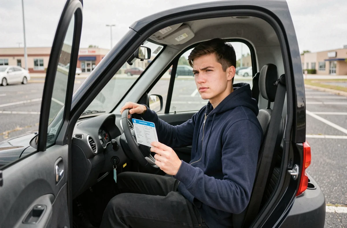 Jeune conducteur tenant une fiche réglementaire à l'intérieur d'une voiturette sans permis dans un parking