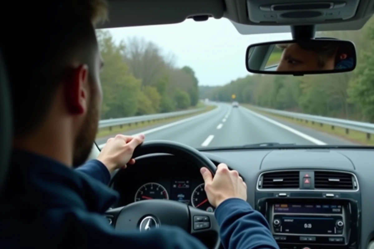 Conducteur au volant sur autoroute française à 130 km/h avec tableau de bord visible en arrière-plan