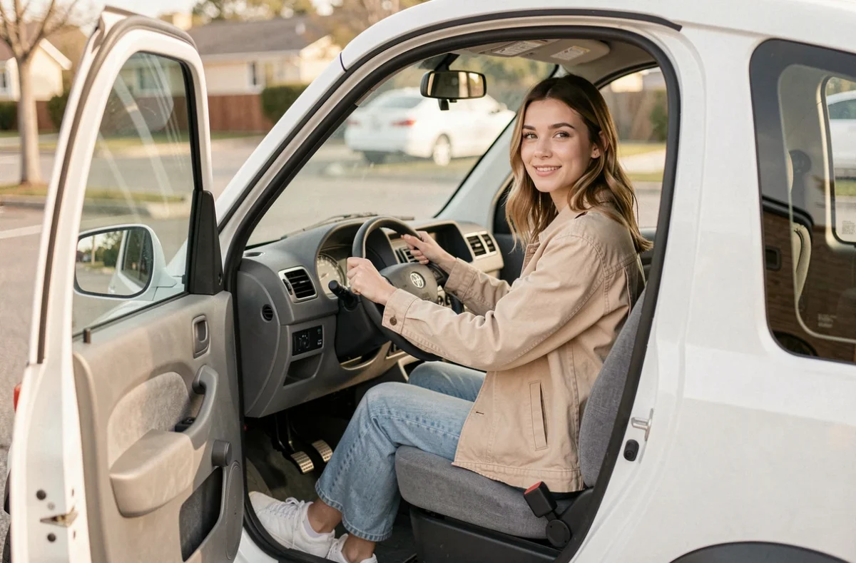 Jeune femme assise au volant d'une voiture sans permis blanche, portière ouverte, vue de l'extérieur