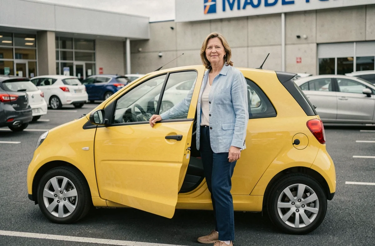 Femme d'âge mûr sortant d'une voiture sans permis jaune dans un parking de supermarché en France