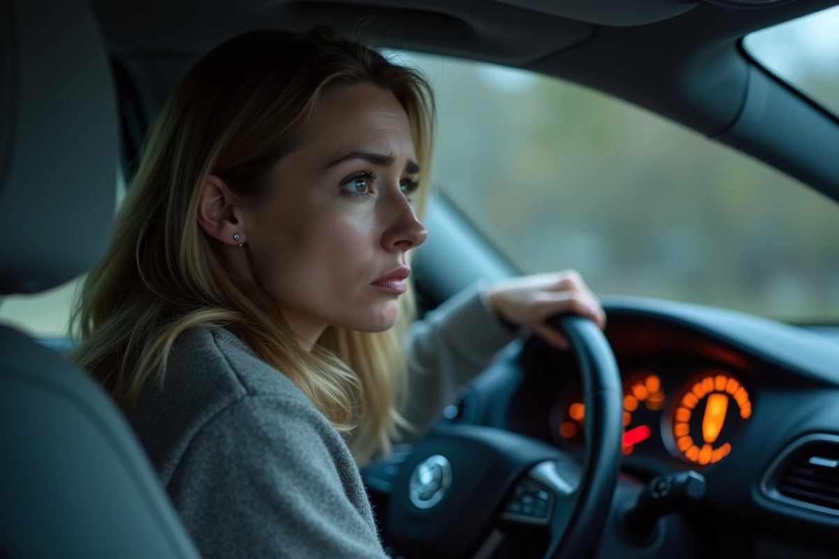 Conductrice inquiète regardant le voyant point d'exclamation allumé sur le tableau de bord de sa voiture