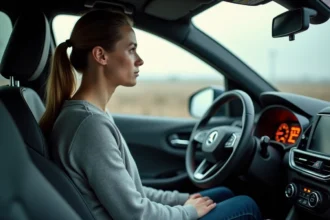 Conductrice observant calmement un voyant allumé sur le tableau de bord d'un SUV compact de type Renault Captur sur autoroute