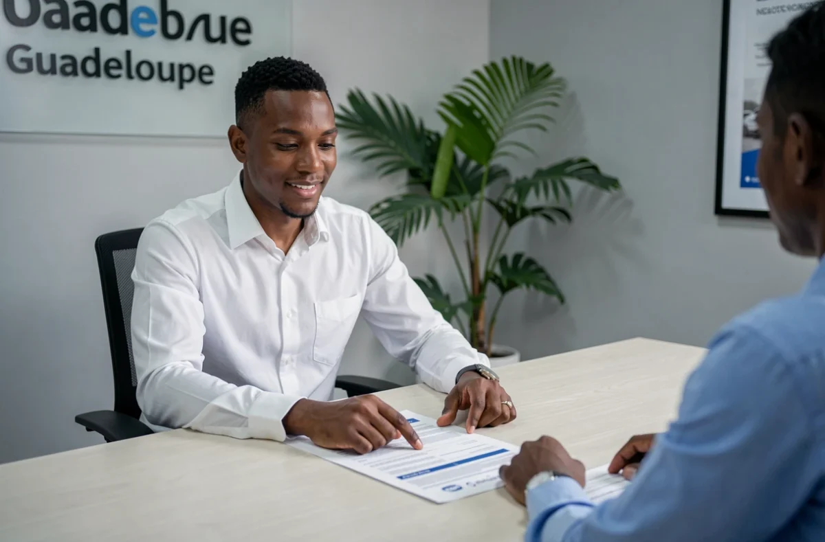 Conseiller en assurance auto présentant un devis à un client dans une agence en Guadeloupe