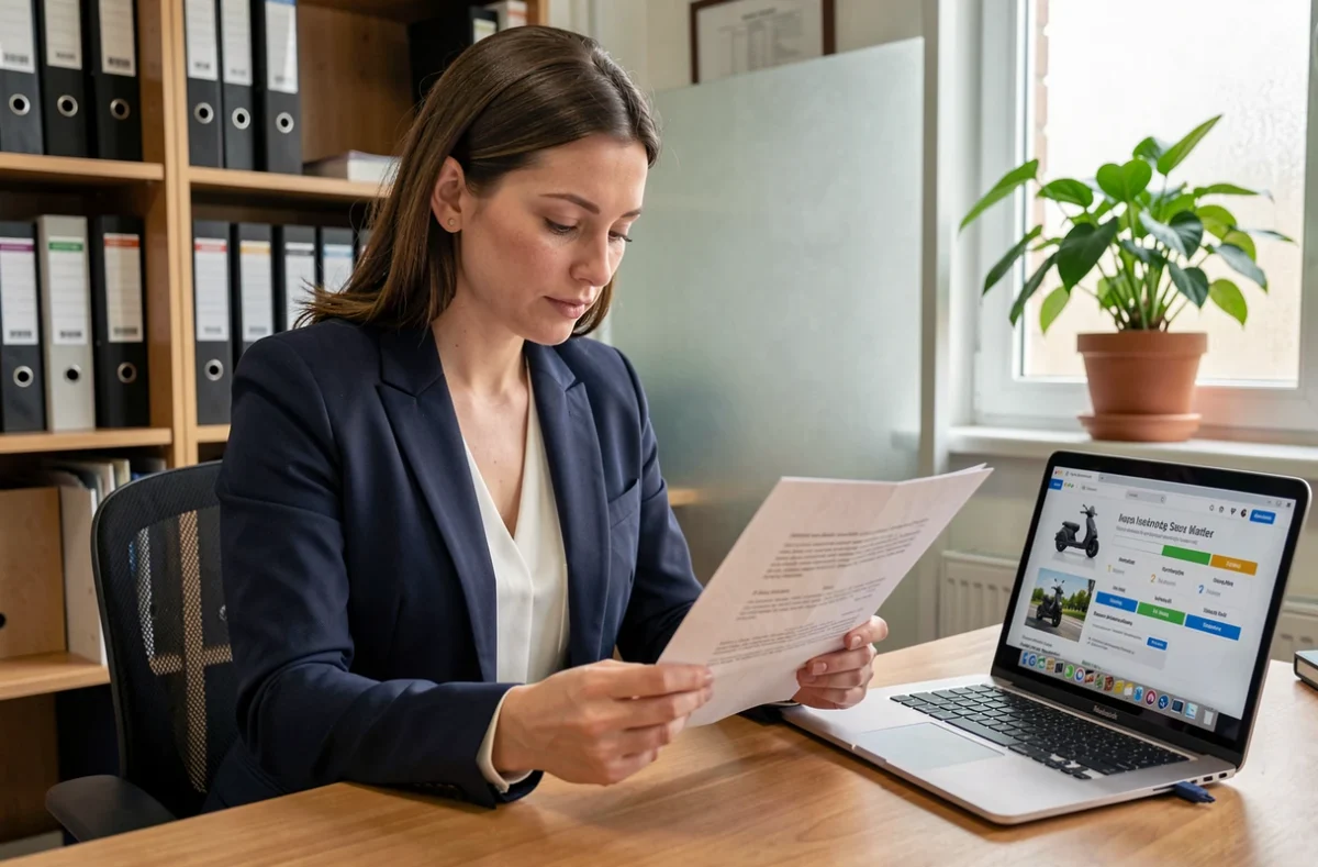 Conseillère en assurance examinant un contrat d'assurance scooter pour livreur de pizza dans un bureau