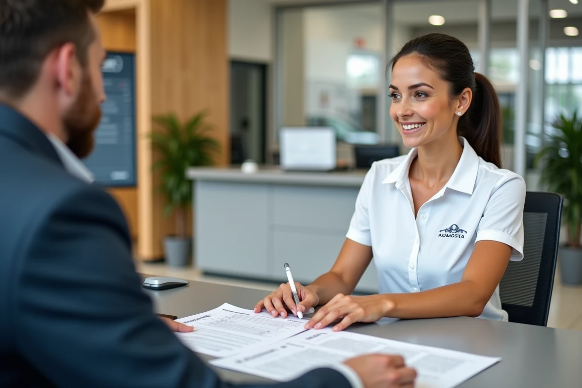 Conseillère service client discutant du planning d'entretien boîte Eat8 avec un client dans une concession automobile