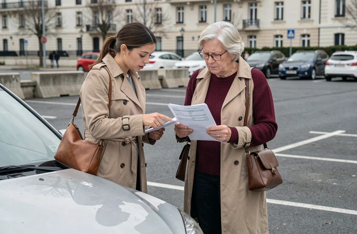 Deux femmes remplissant un constat amiable après un accident de voiture pour un sinistre Macif