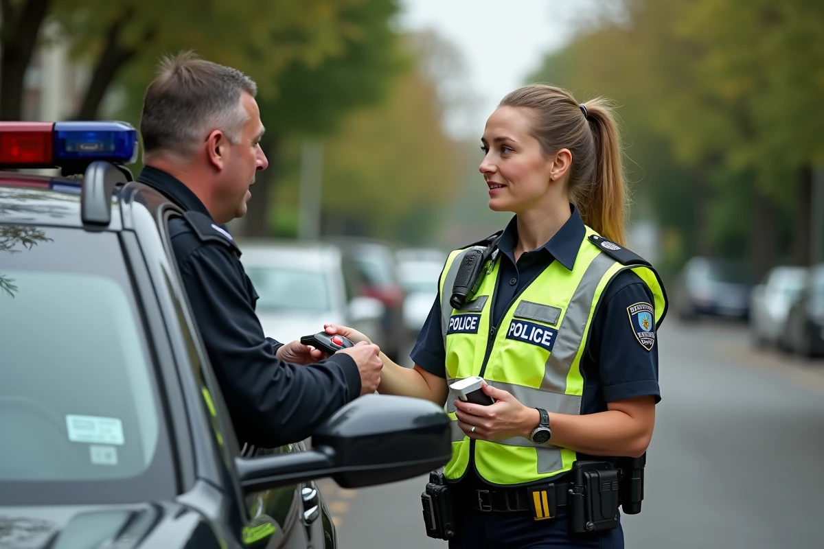 Agent de police contrôle un conducteur lors d