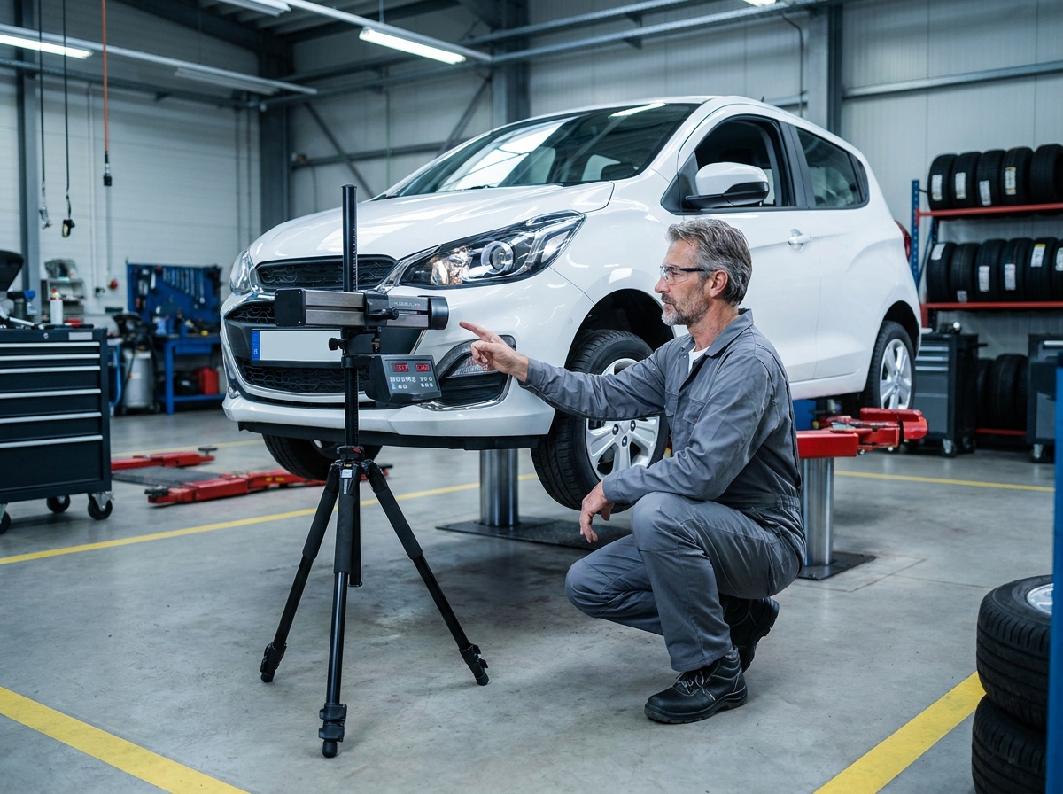 Un technicien réglant l'alignement des phares d'une citadine sur pont élévateur dans un garage professionnel