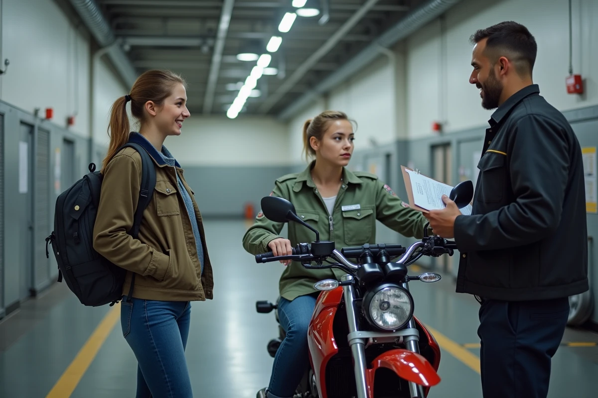 Jeune femme discutant avec un inspecteur dans un garage moto