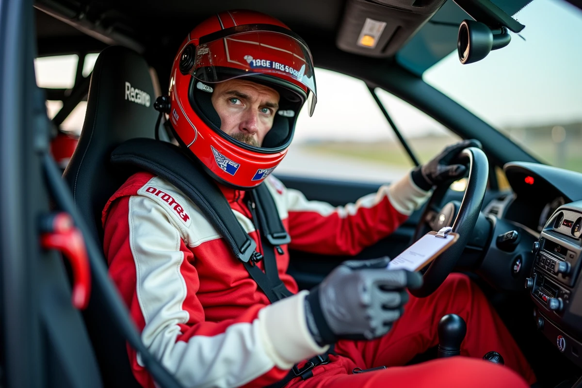 Co-pilote de rallye en combinaison Nomex lisant les notes de cap à l'intérieur d'un cockpit préparé