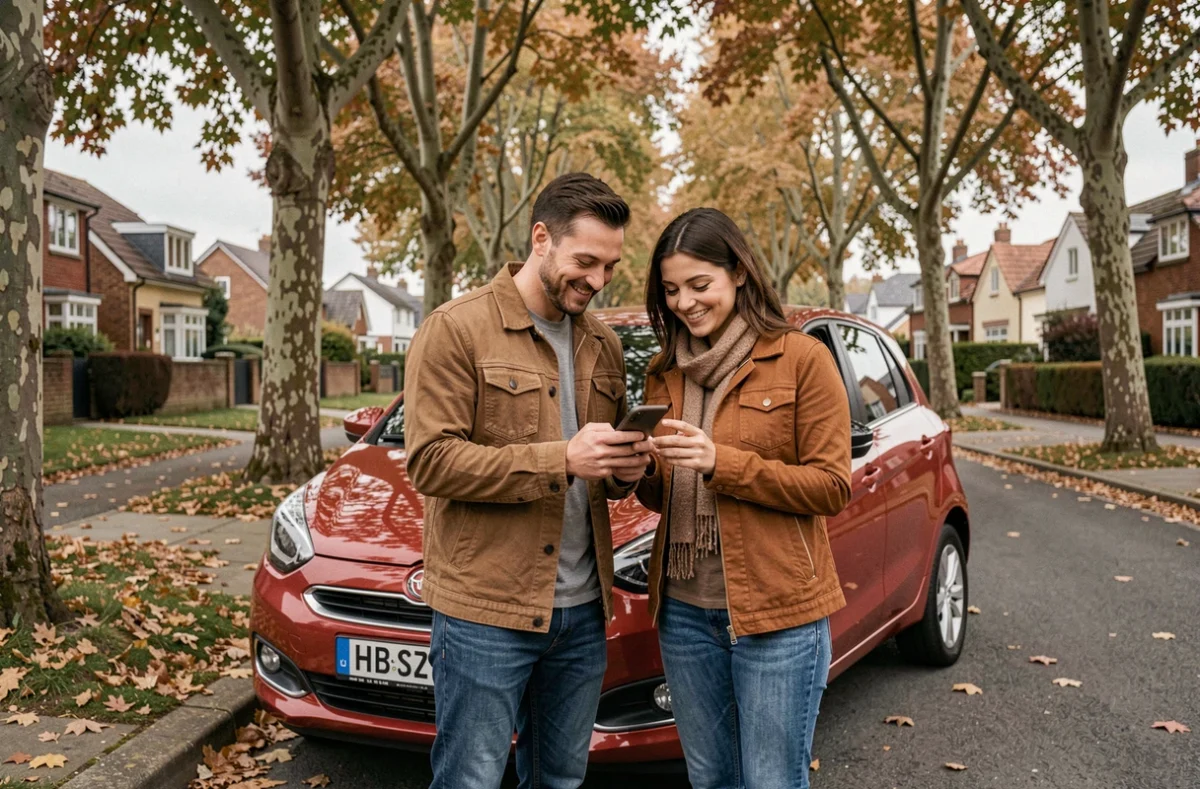 Couple consultant les offres d'assurance auto BPCE sur smartphone devant leur voiture dans une rue résidentielle