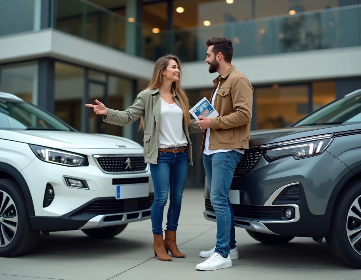 Couple comparant une Peugeot 2008 et une Peugeot 3008 dans le parking d'un concessionnaire automobile, illustration du choix entre deux SUV Peugeot selon le budget