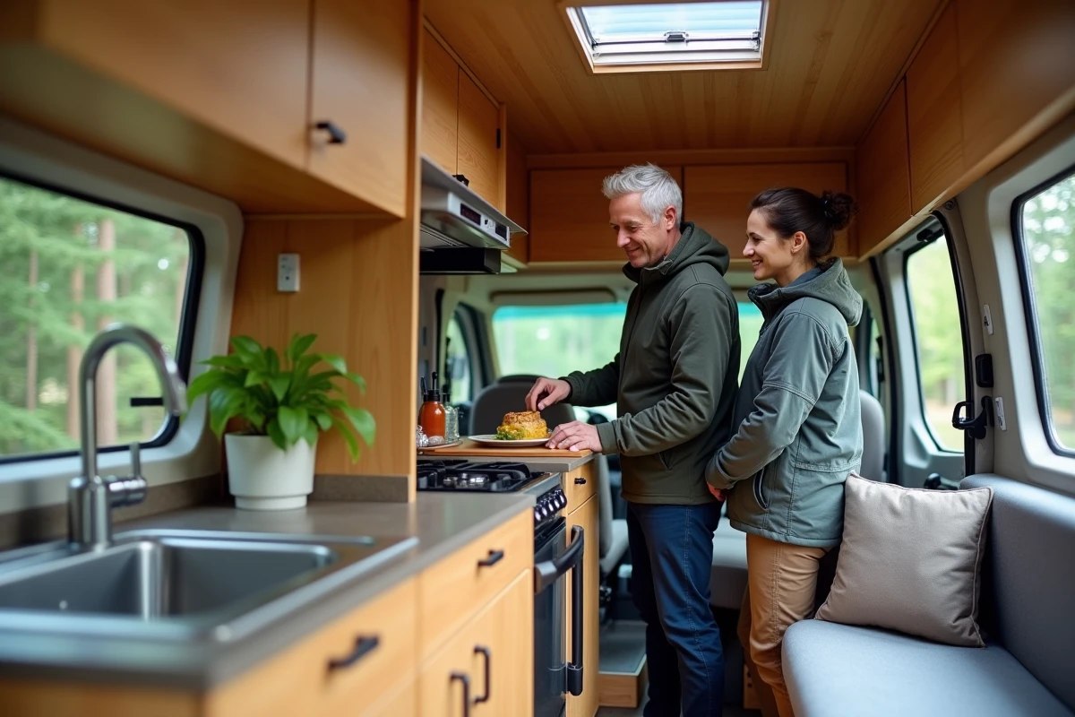Couple debout dans un Renault Master L2H2 aménagé en van avec cuisine intégrée illustrant le confort de la hauteur sous plafond