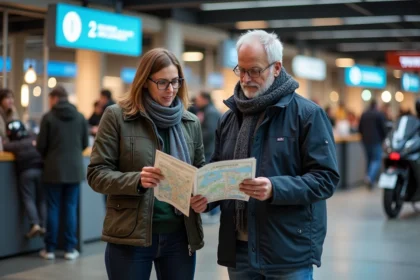 Couple regardant une carte à l'entrée du salon de Lyon