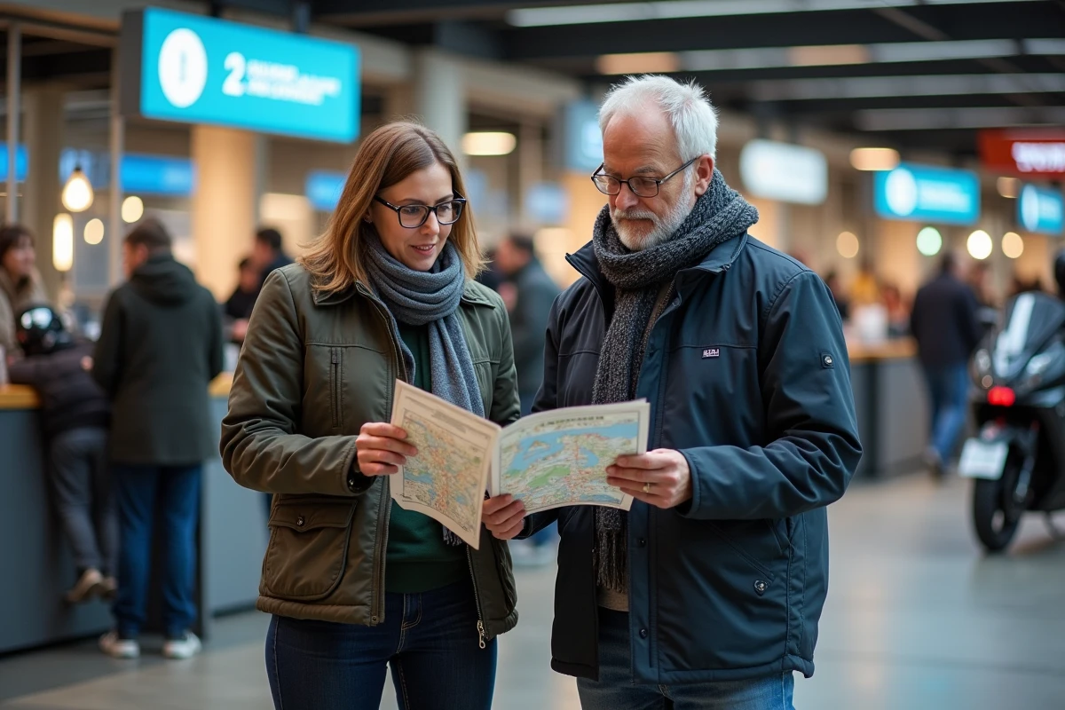 Couple regardant une carte à l'entrée du salon de Lyon