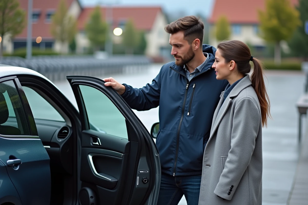 Couple français à côté d'une voiture hybride dans un parking de supermarché, illustrant les choix automobiles des familles en 2026