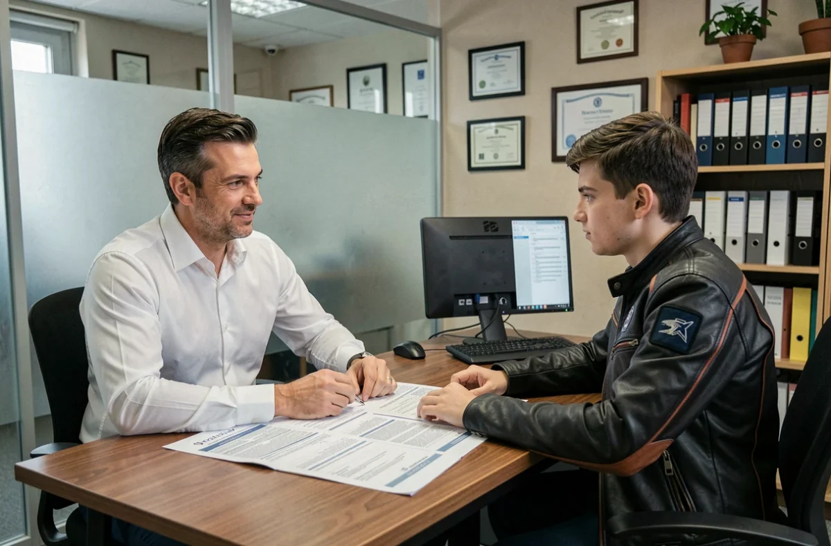 Courtier en assurance présentant les tarifs d'assurance moto 125 à un client dans un bureau professionnel