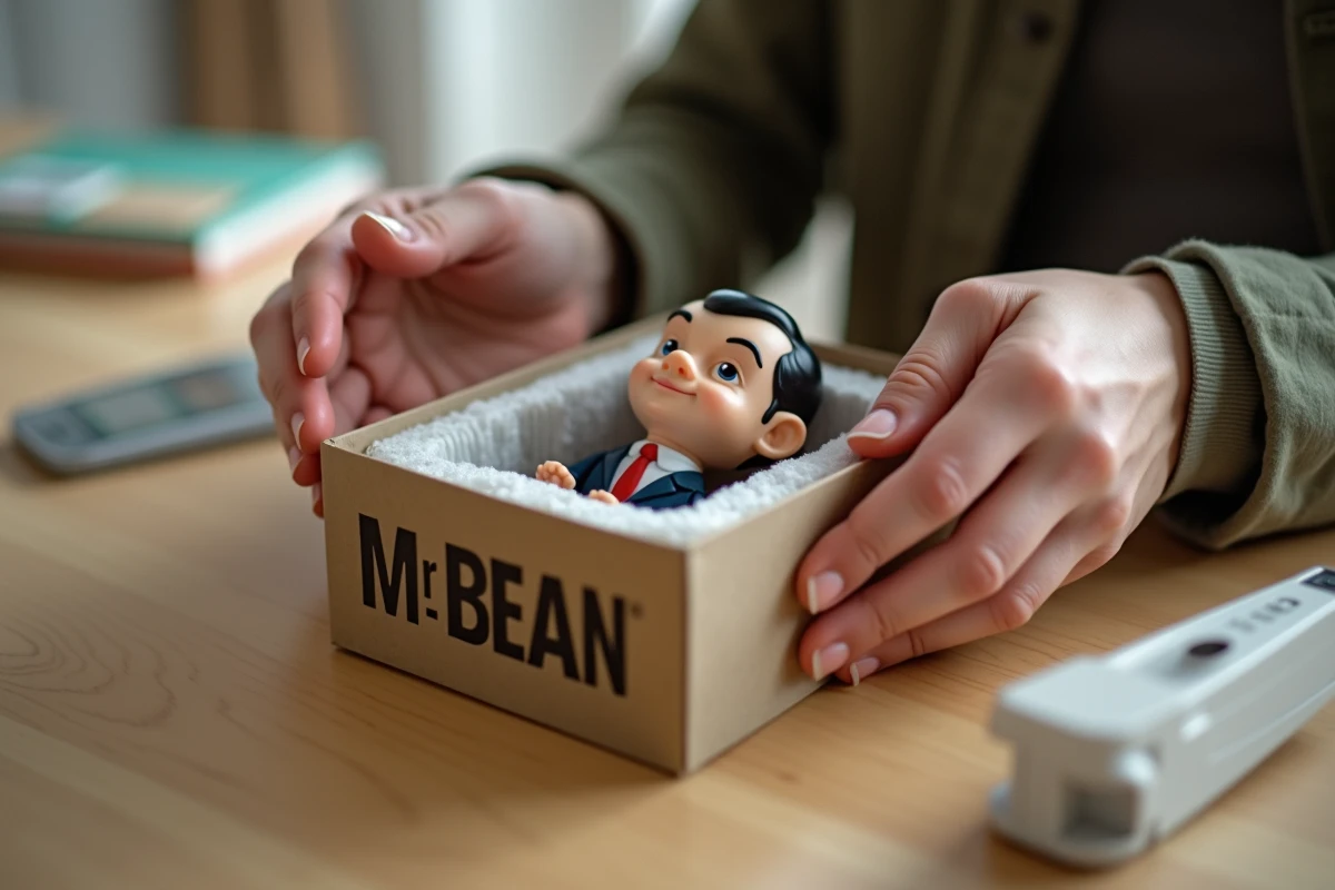 Mains tenant une figurine miniature Mr. Bean sortant de son emballage d'origine