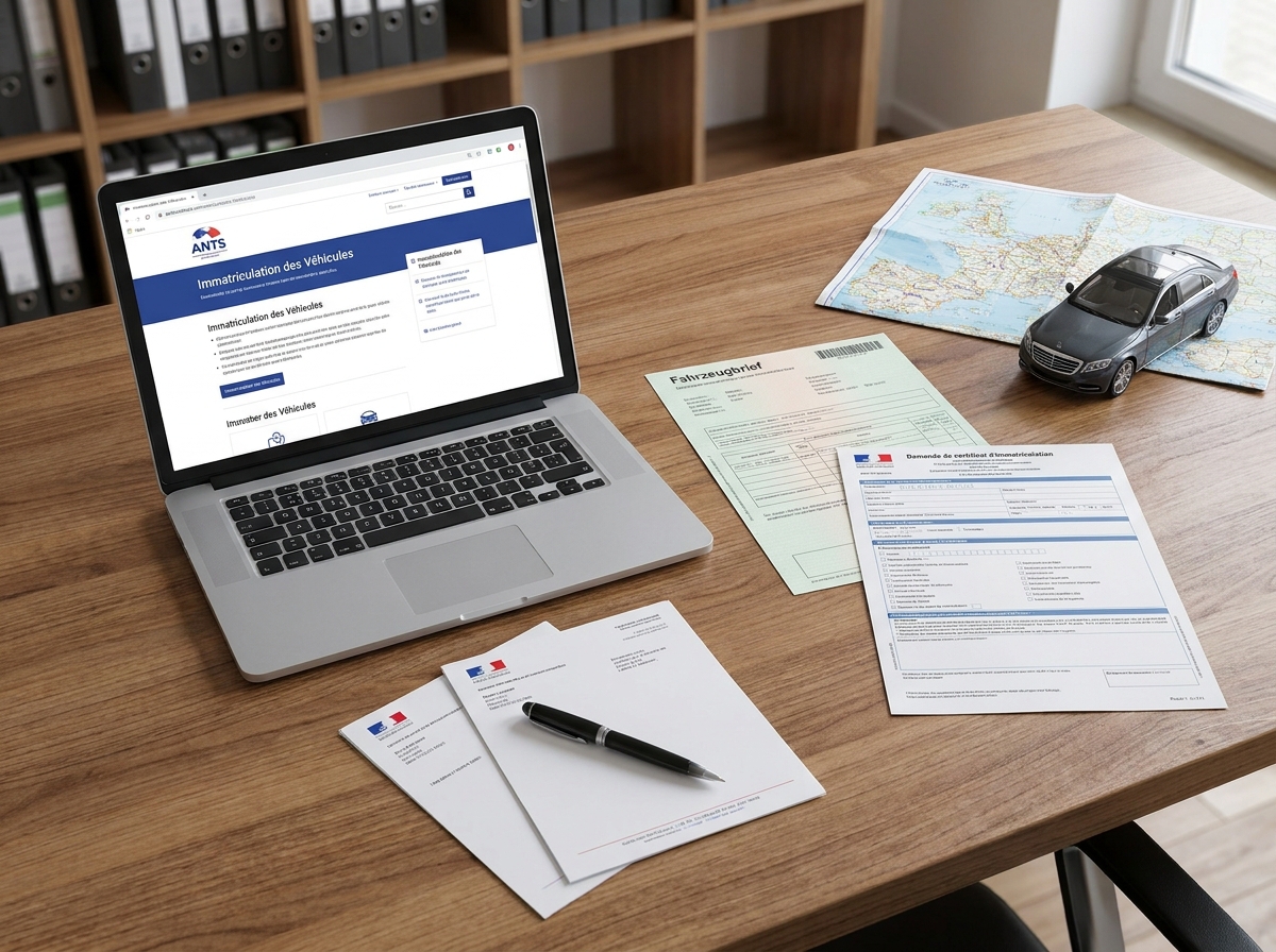 Bureau administratif avec documents d'importation de véhicule allemand et formulaire de carte grise française sur un bureau en bois