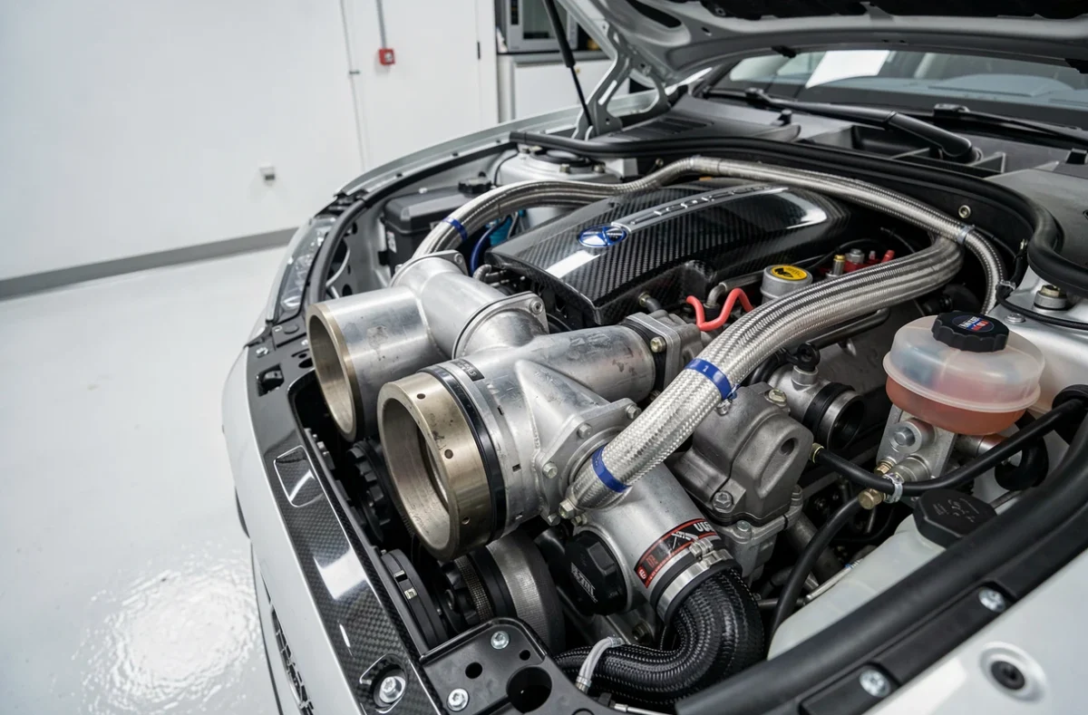 Détail du moteur préparé Brabus avec turbocompresseur et composants aftermarket sur une berline de luxe