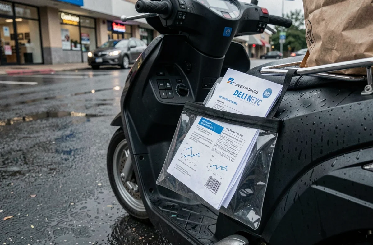 Détail d'un scooter de livraison avec document d'assurance dans un porte-document sous la pluie