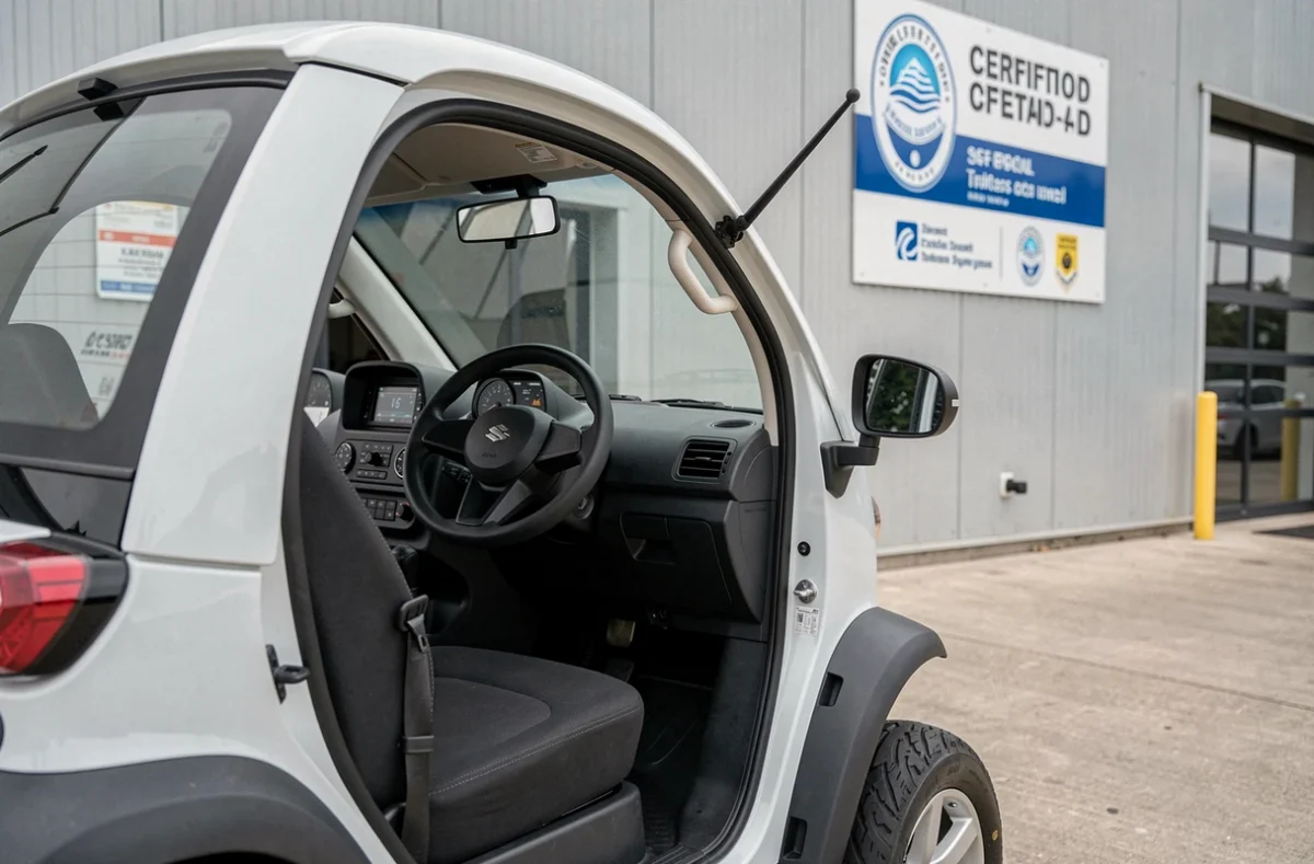 Intérieur et extérieur d'une voiture sans permis électrique devant un garage certifié