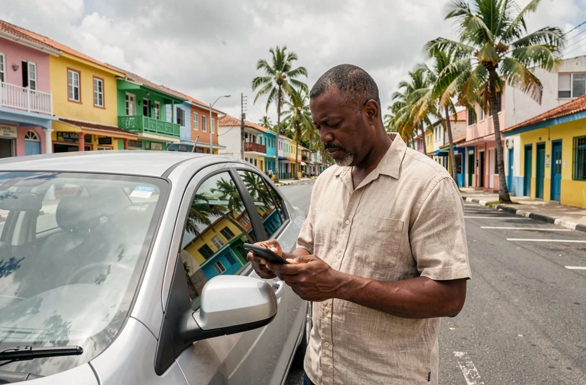 Homme guadeloupéen consultant un devis d'assurance auto sur son smartphone à côté de sa voiture