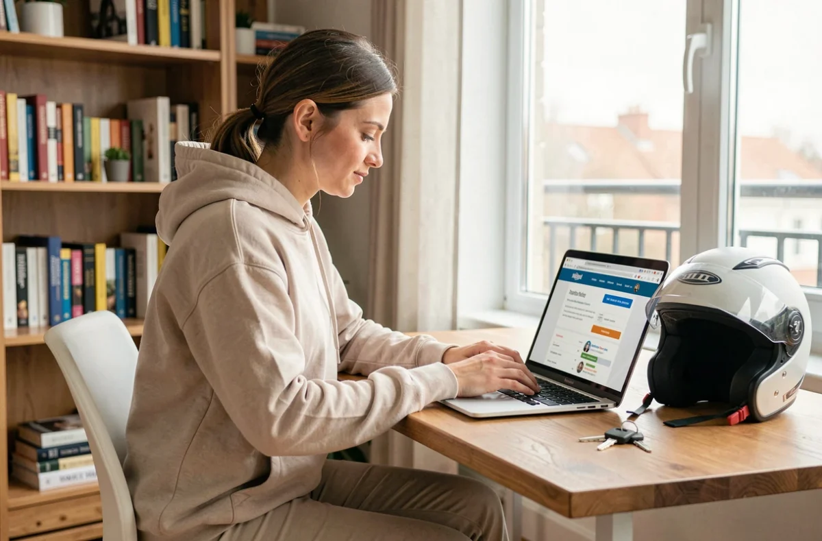 Femme comparant des devis d'assurance moto en ligne sur un ordinateur portable depuis chez elle