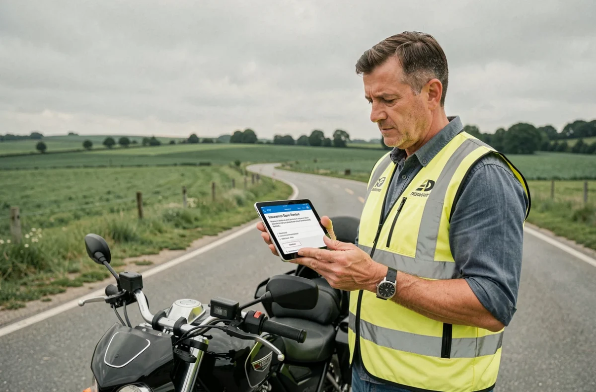 Motard senior consultant un devis d'assurance moto gratuit sur une tablette au bord de la route