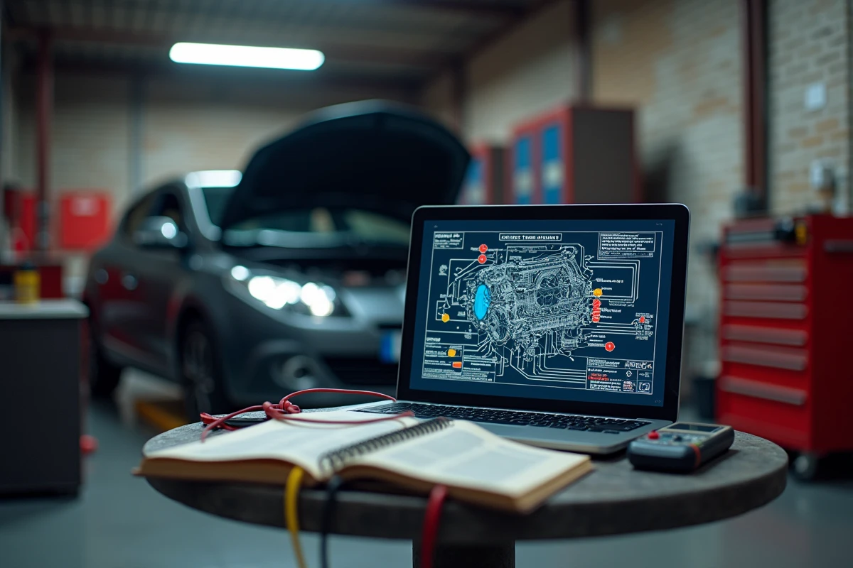 Ordinateur portable affichant un schéma électrique moteur Mégane 3 avec multimètre et manuel de réparation dans un garage