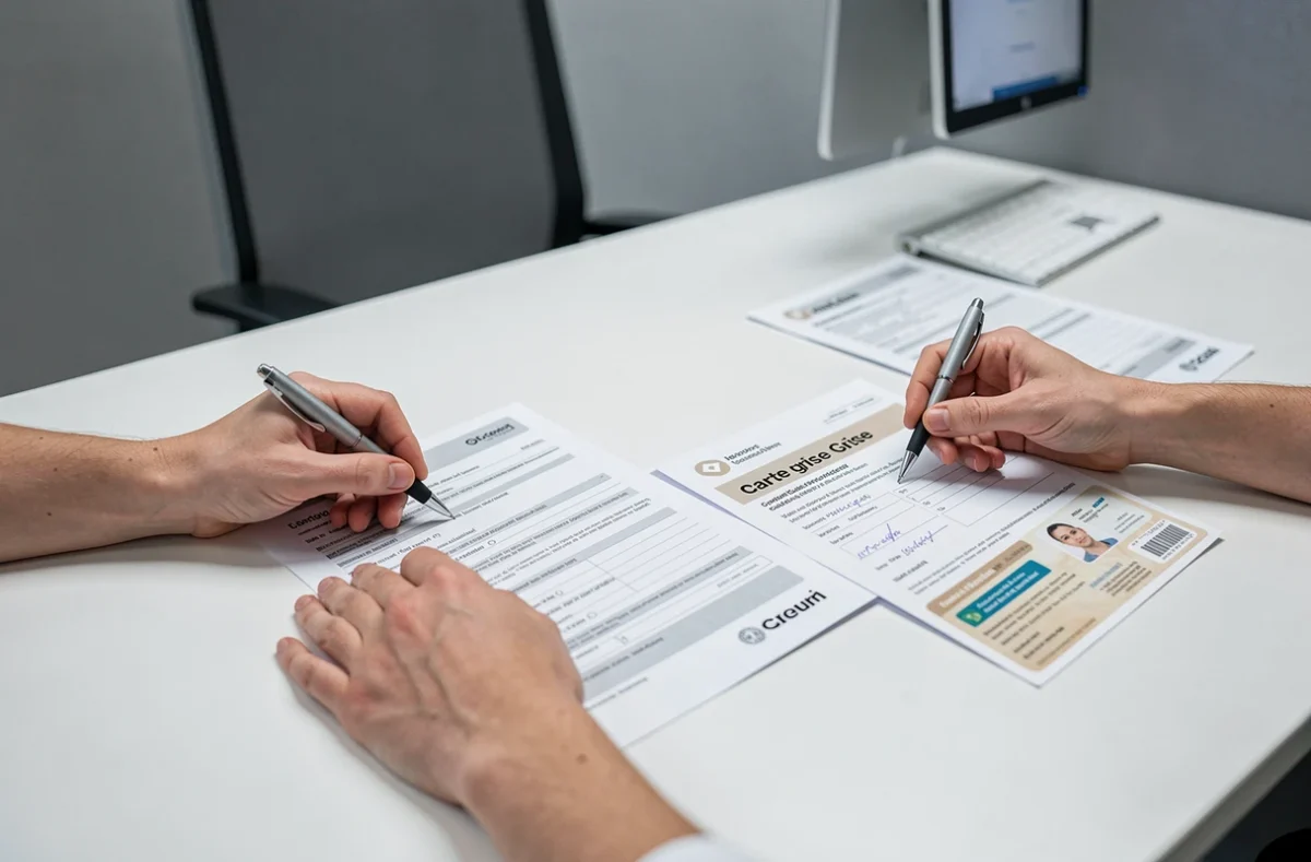Gros plan sur des documents pour assurer une voiture d'occasion posés sur un bureau d'agence