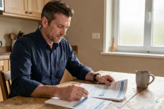 Homme consultant les documents nécessaires pour assurer une voiture d'occasion à une table de cuisine