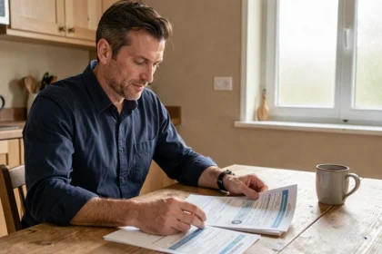 Homme consultant les documents nécessaires pour assurer une voiture d'occasion à une table de cuisine