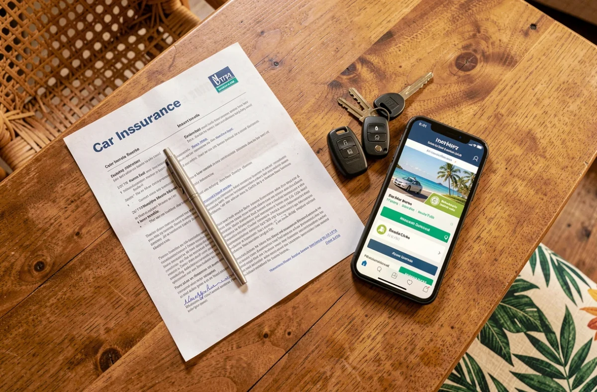 Documents et devis d'assurance auto posés sur une table en Guadeloupe avec clés de voiture et smartphone