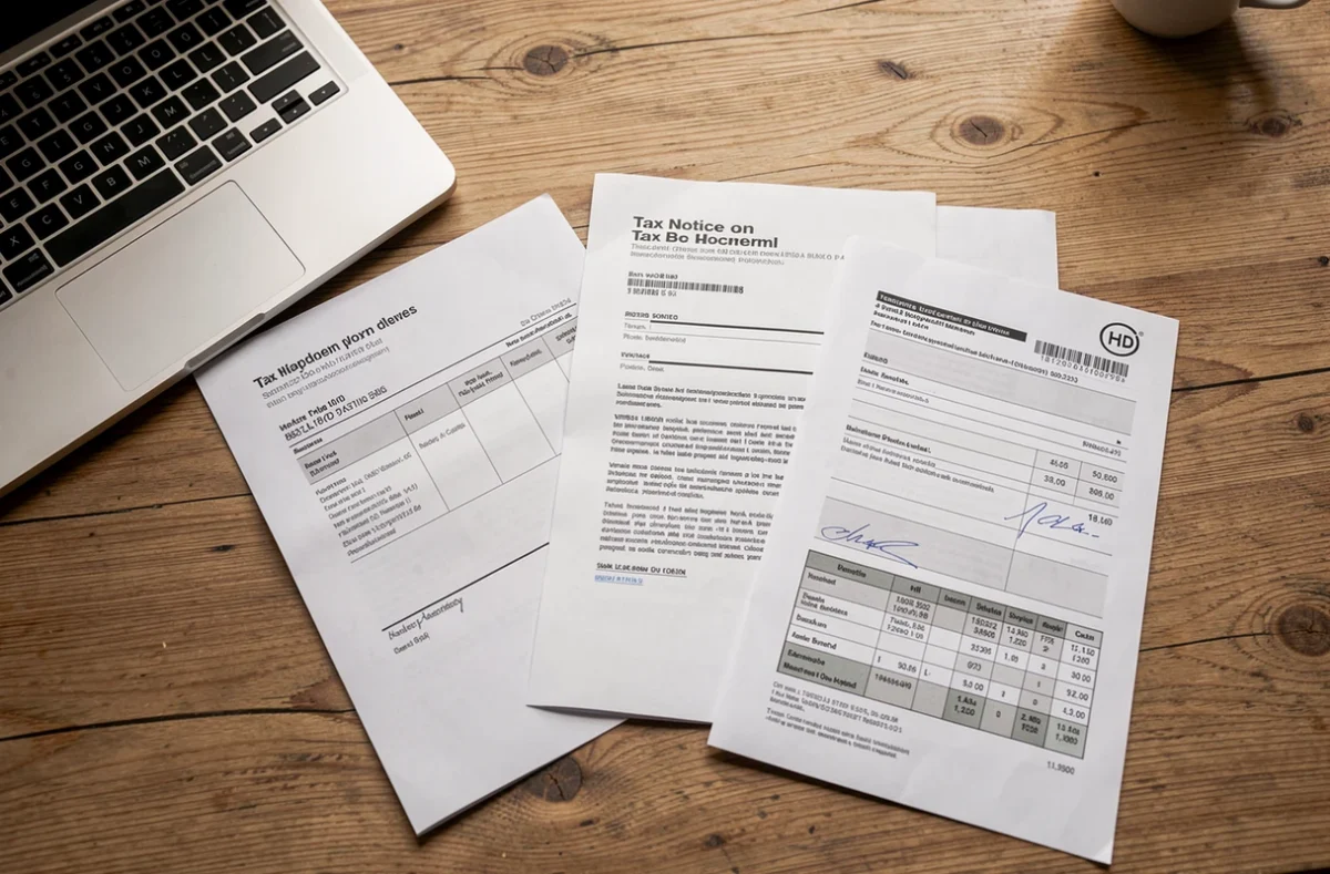 Dossier de crédit avec justificatifs posés sur un bureau