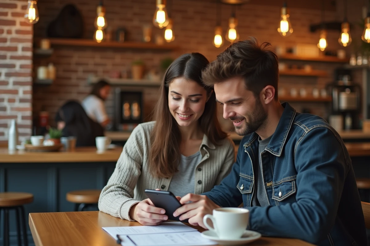 Deux personnes révisant ensemble un quiz de permis de conduire en ligne sur smartphone avec un document PDF dans un café