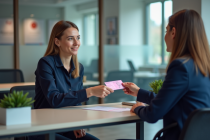 Femme remettant son permis de conduire à un agent dans un bureau moderne