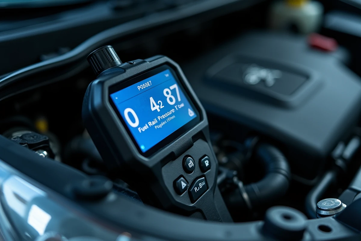 Écran de valise OBD2 affichant le code défaut P0087 posé sur le compartiment moteur d'une Peugeot capot ouvert