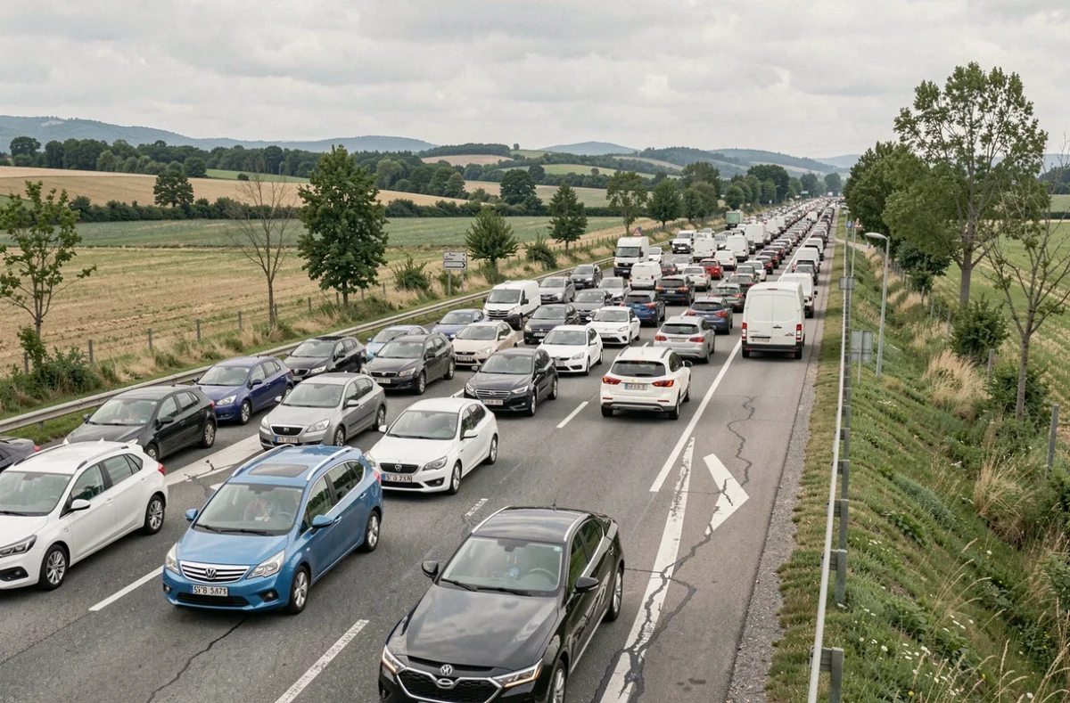 Embouteillage dense sur une route départementale française utilisée pour éviter les péages d'autoroute en été