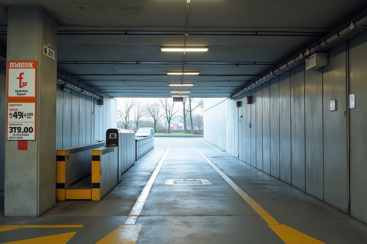 Entrée du parking Rapp à Colmar avec barrière automatique, borne à ticket et affichage des tarifs d'abonnement