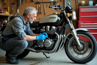 Mécanicien amateur effectuant l'entretien d'une Kawasaki KZ400J dans un garage maison avec outils et carburateur visible