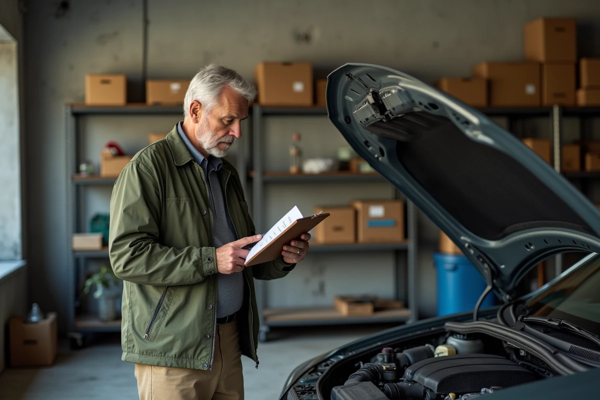Homme consultant une liste d'entretien mécanique dans un garage pour améliorer l'efficacité énergétique de sa voiture essence
