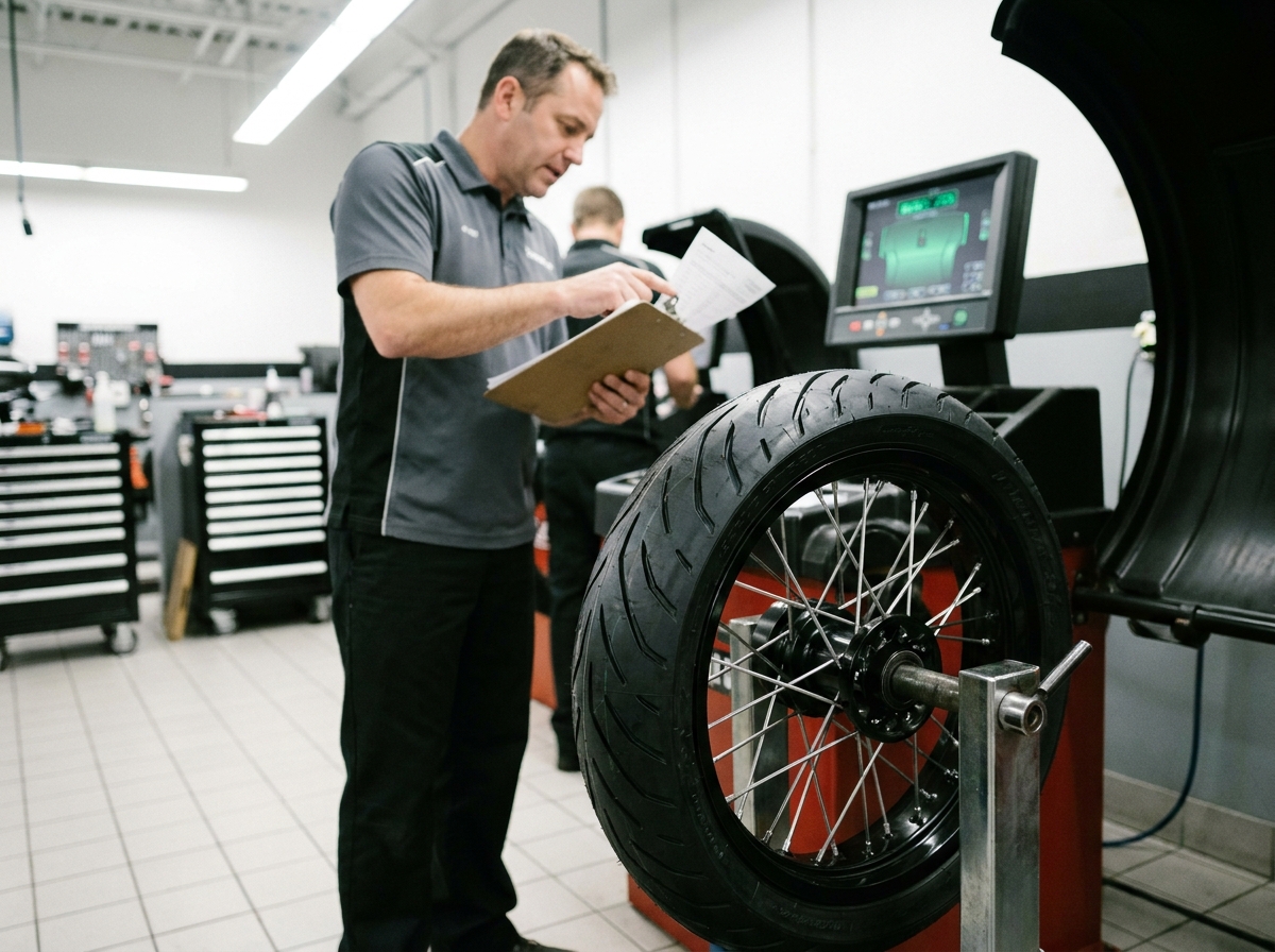 Équilibrage d'un pneu avant de moto sur un équilibreur de roue dans un garage spécialisé
