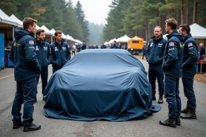 Groupe d'ingénieurs rallye autour d'une voiture prototype couverte